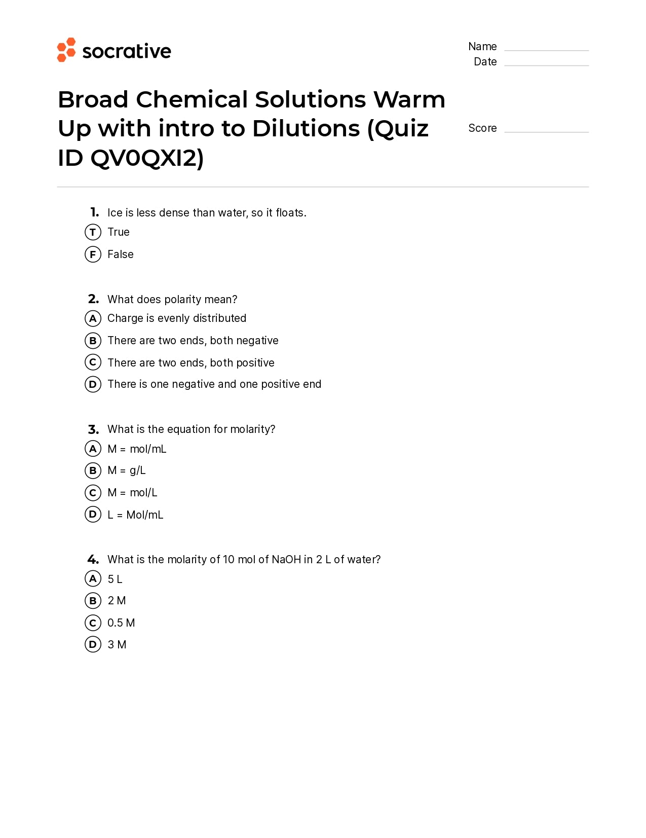 Broad Chemical Solutions Warm Up With Intro To Dilutions