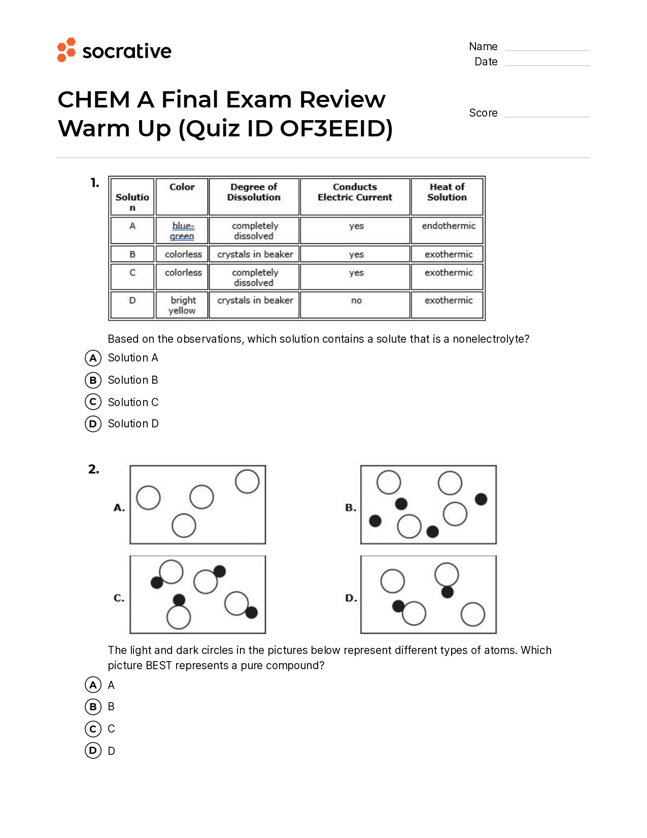 Chem A Final Exam Review Warm Up