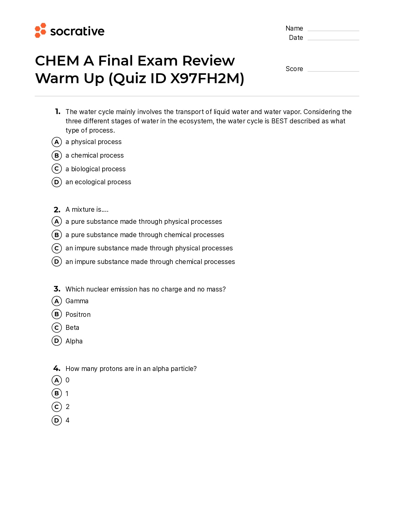 Chem A Final Exam Review Warm Up