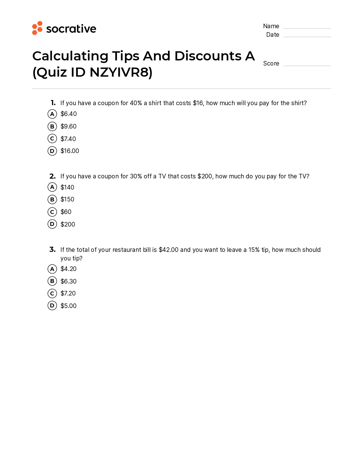 Calculating Tips And Discounts A
