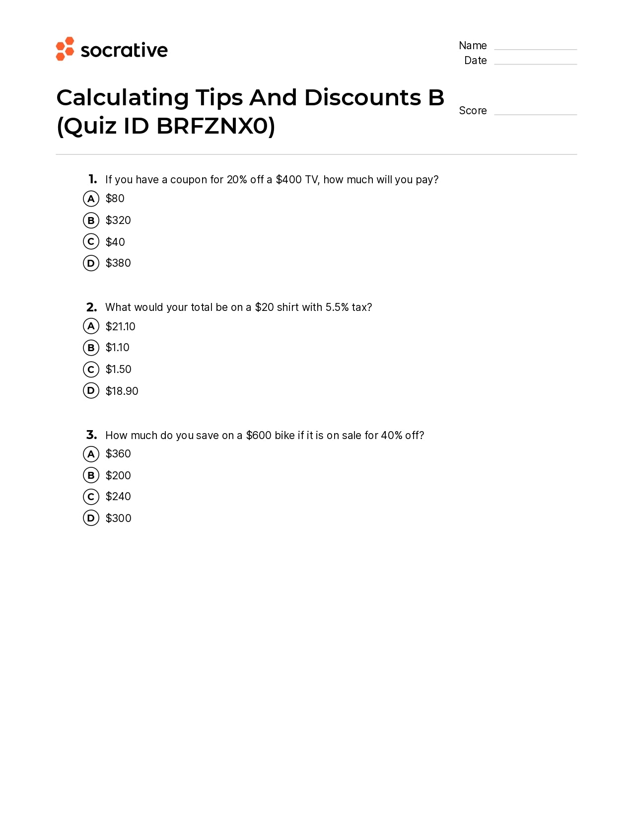 Calculating Tips And Discounts B