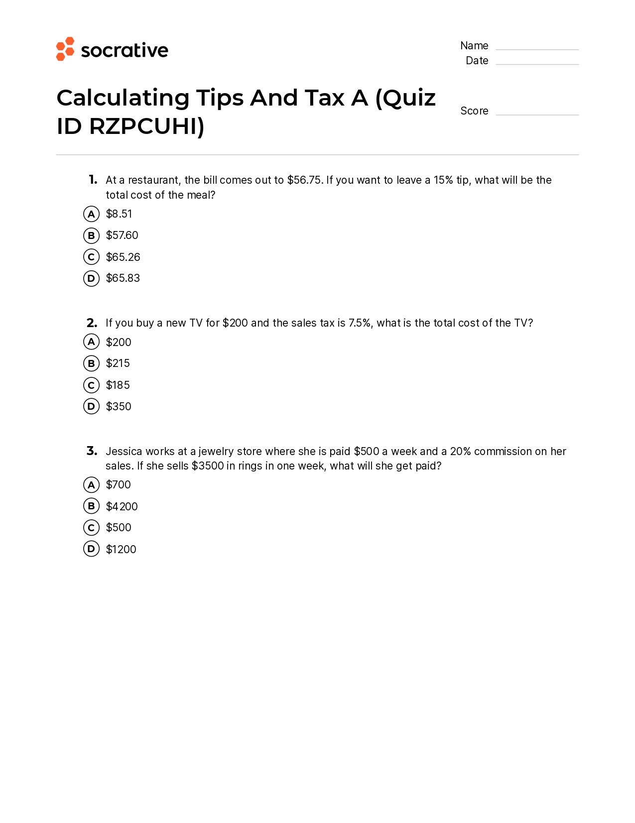 Calculating  Tips And Tax A