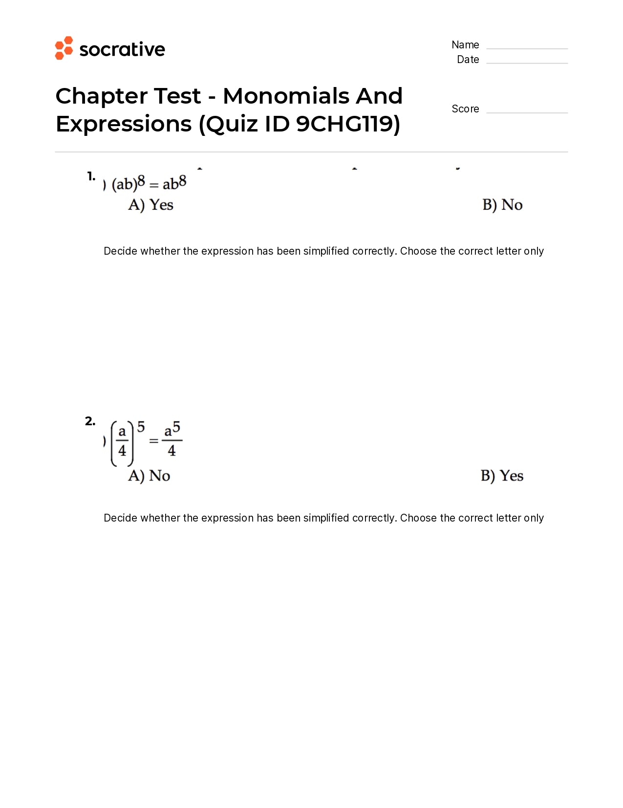 Chapter Test-Monomials And Expressions