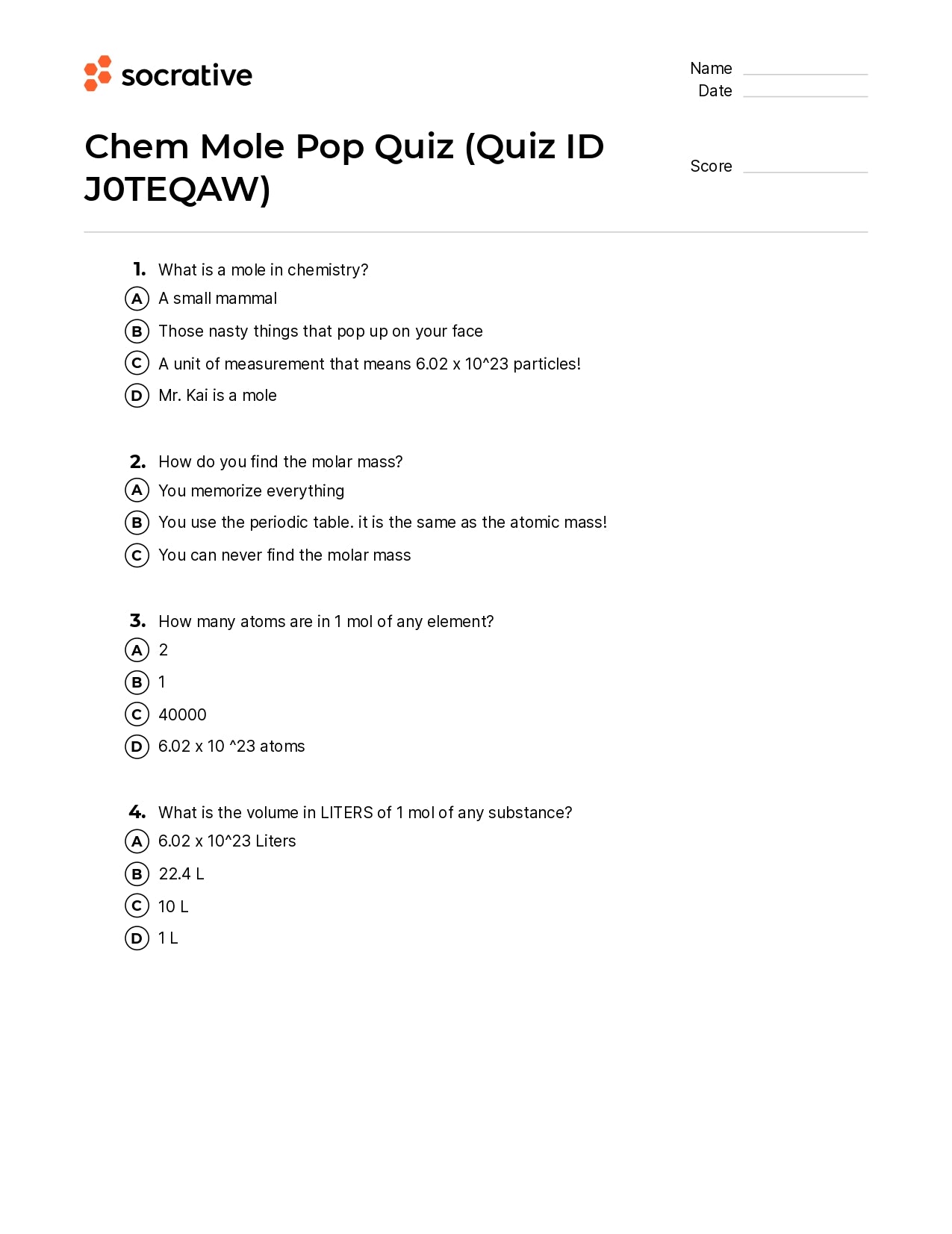 Chem Mole Pop Quiz