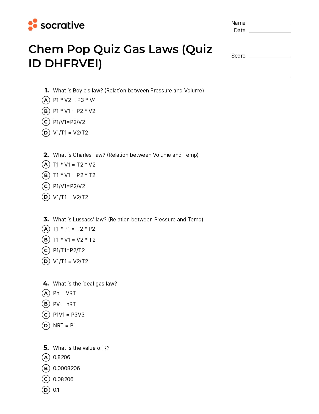 Chem Pop Quiz Gas Laws