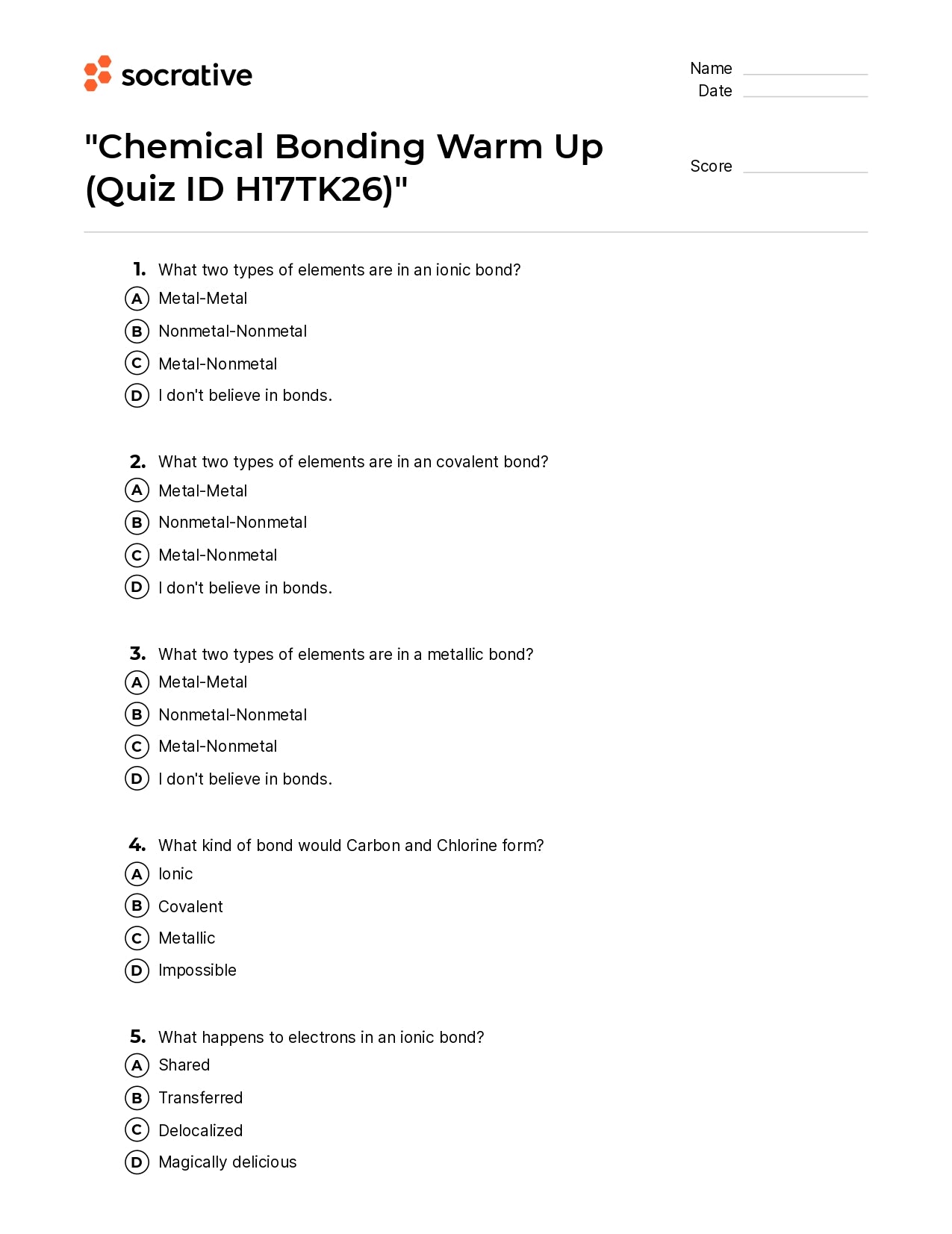 Chemical Bonding Warm Up