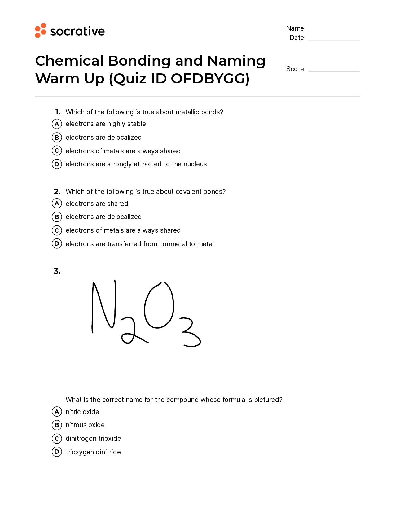 Chemical Bonding And Naming Warm Up