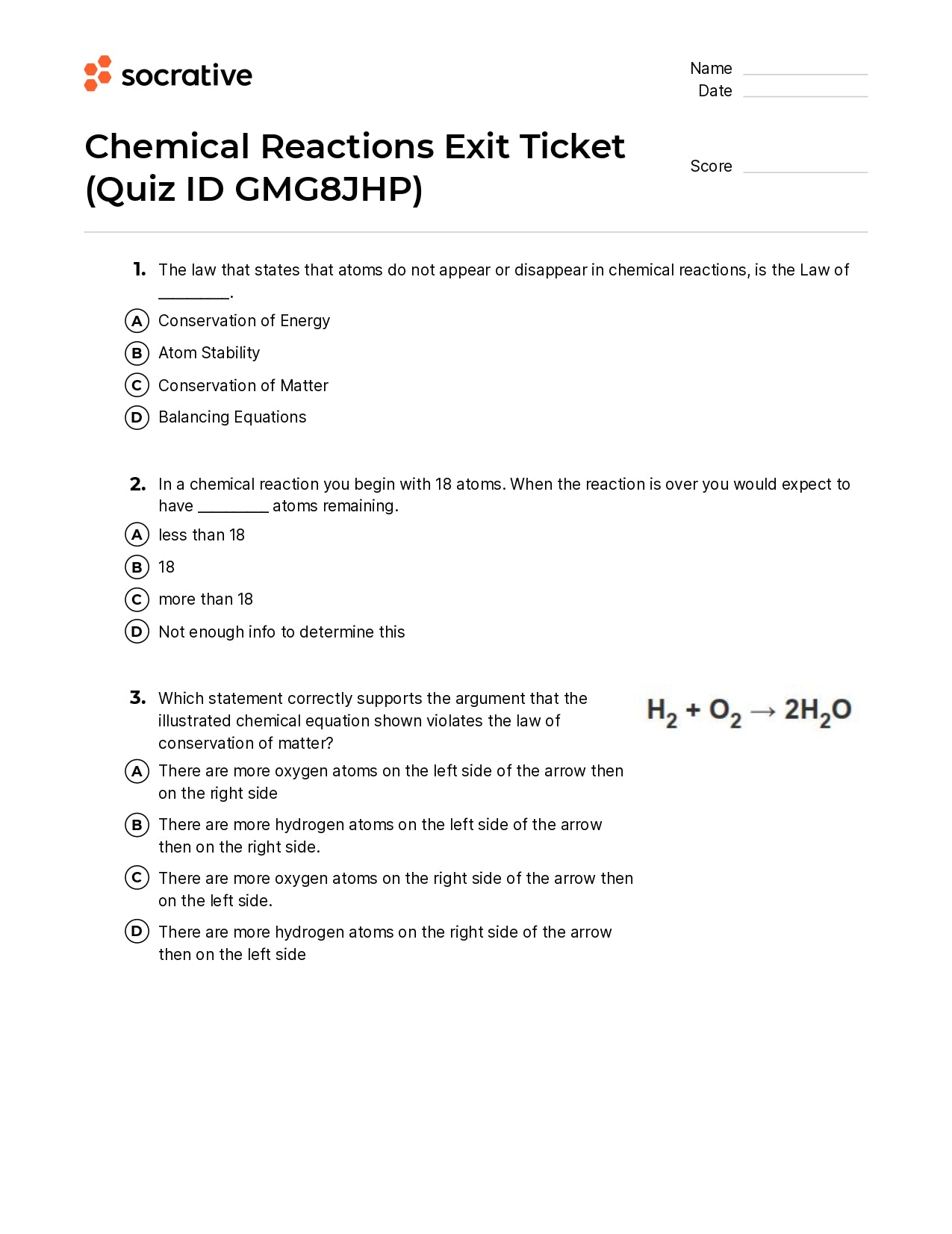 Chemical Reactions Exit Ticket