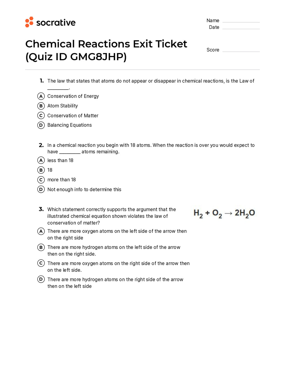 Chemical Reactions Exit Ticket Quiz Shop