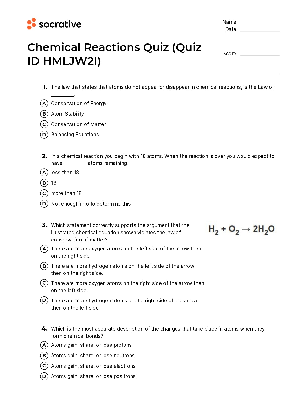 Chemical Reactions Quiz