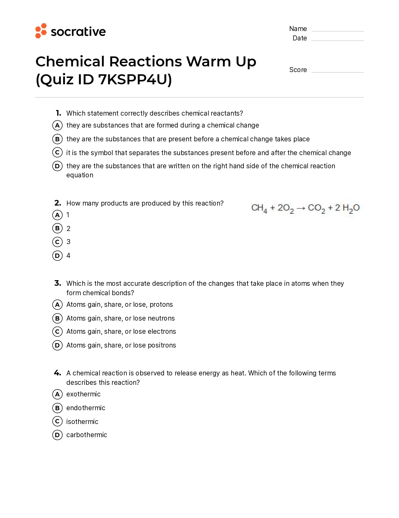 Chemical Reactions Warm Up