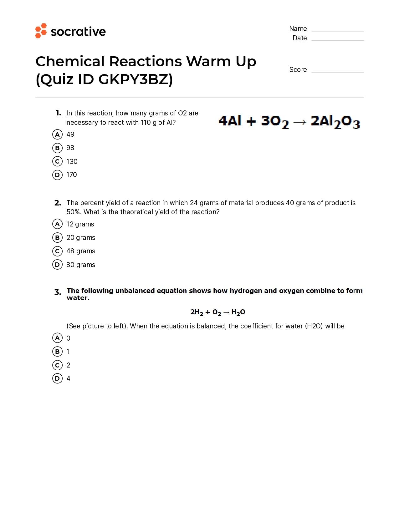 Chemical Reactions Warm Up