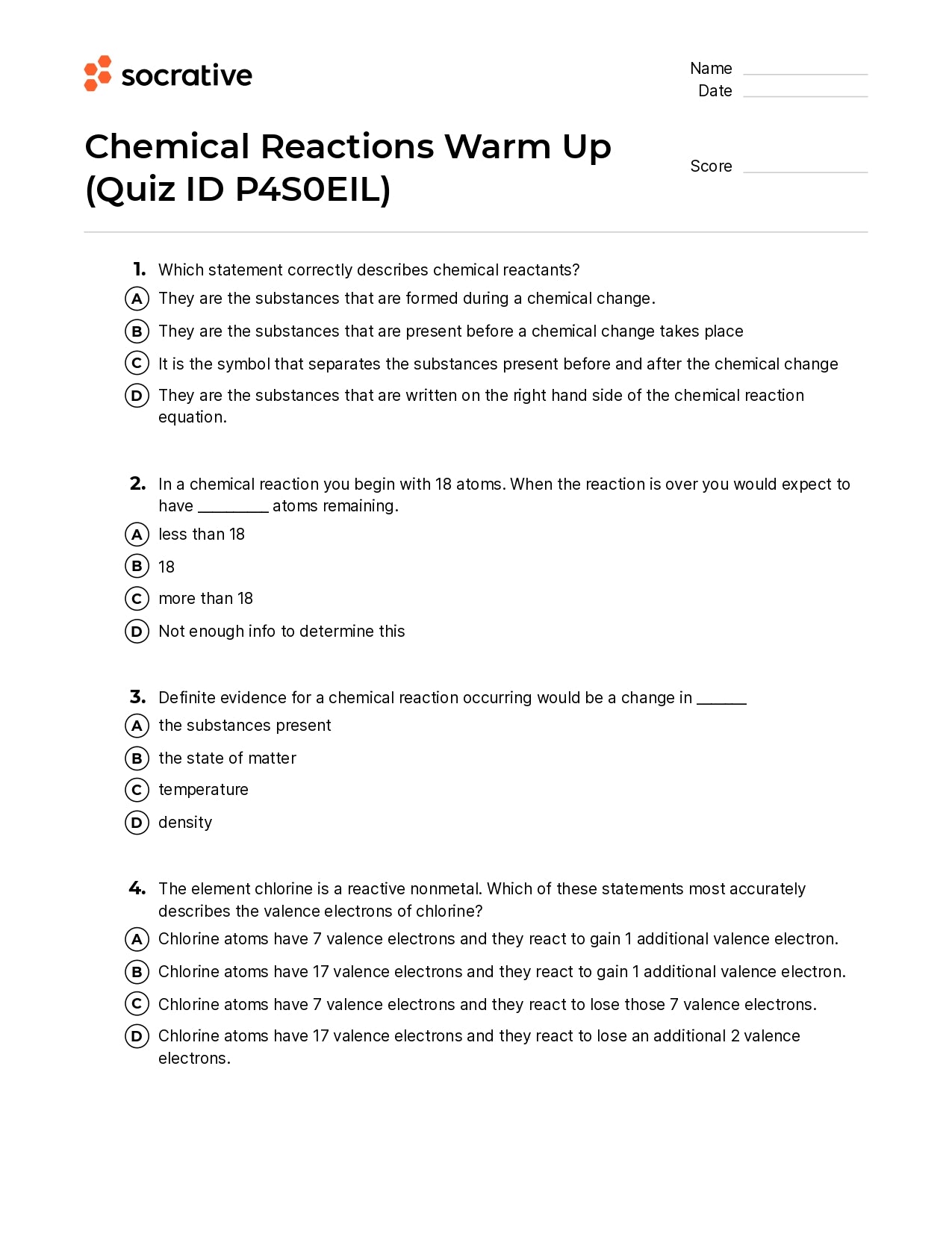 Chemical Reactions Warm Up