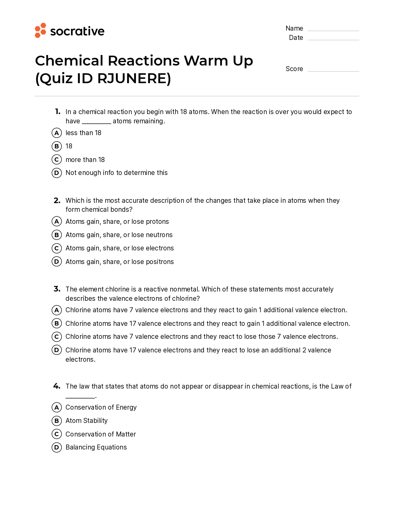 Chemical Reactions Warm Up
