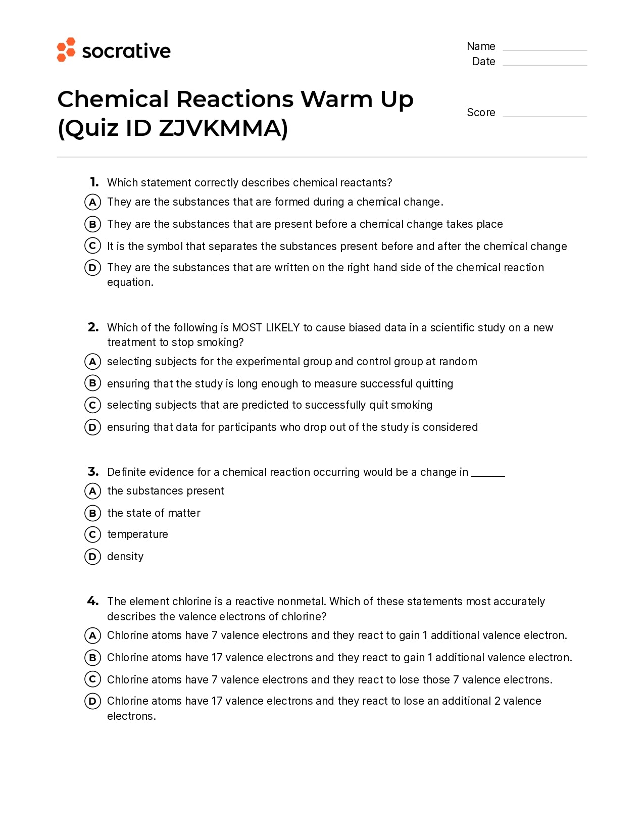 Chemical Reactions Warm Up