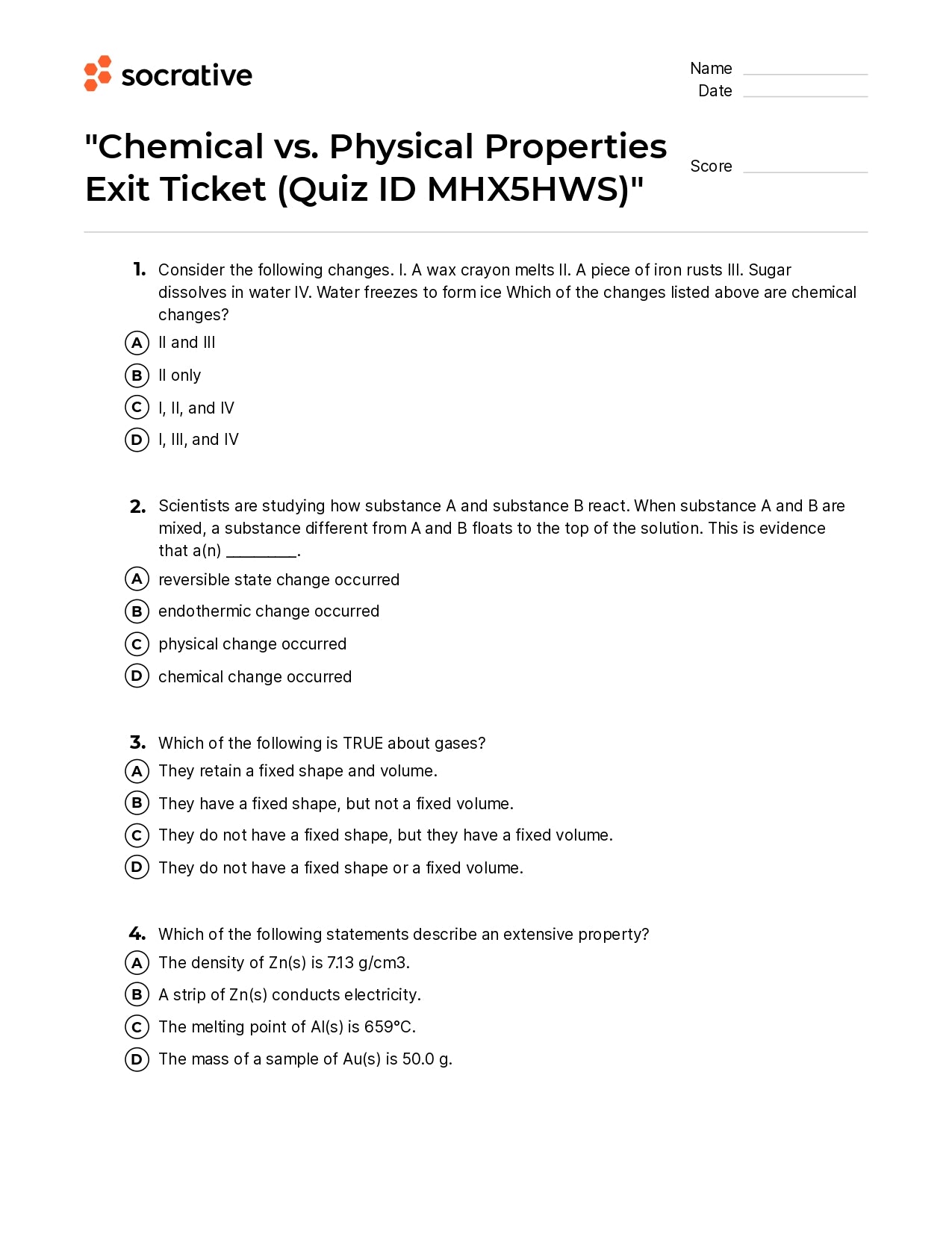 Chemical Vs. Physical Properties Exit Ticket