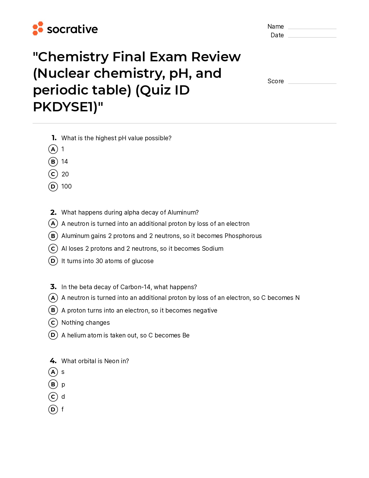 Chemistry Final Exam Review (Nuclear Chemistry Ph And Periodic Table)
