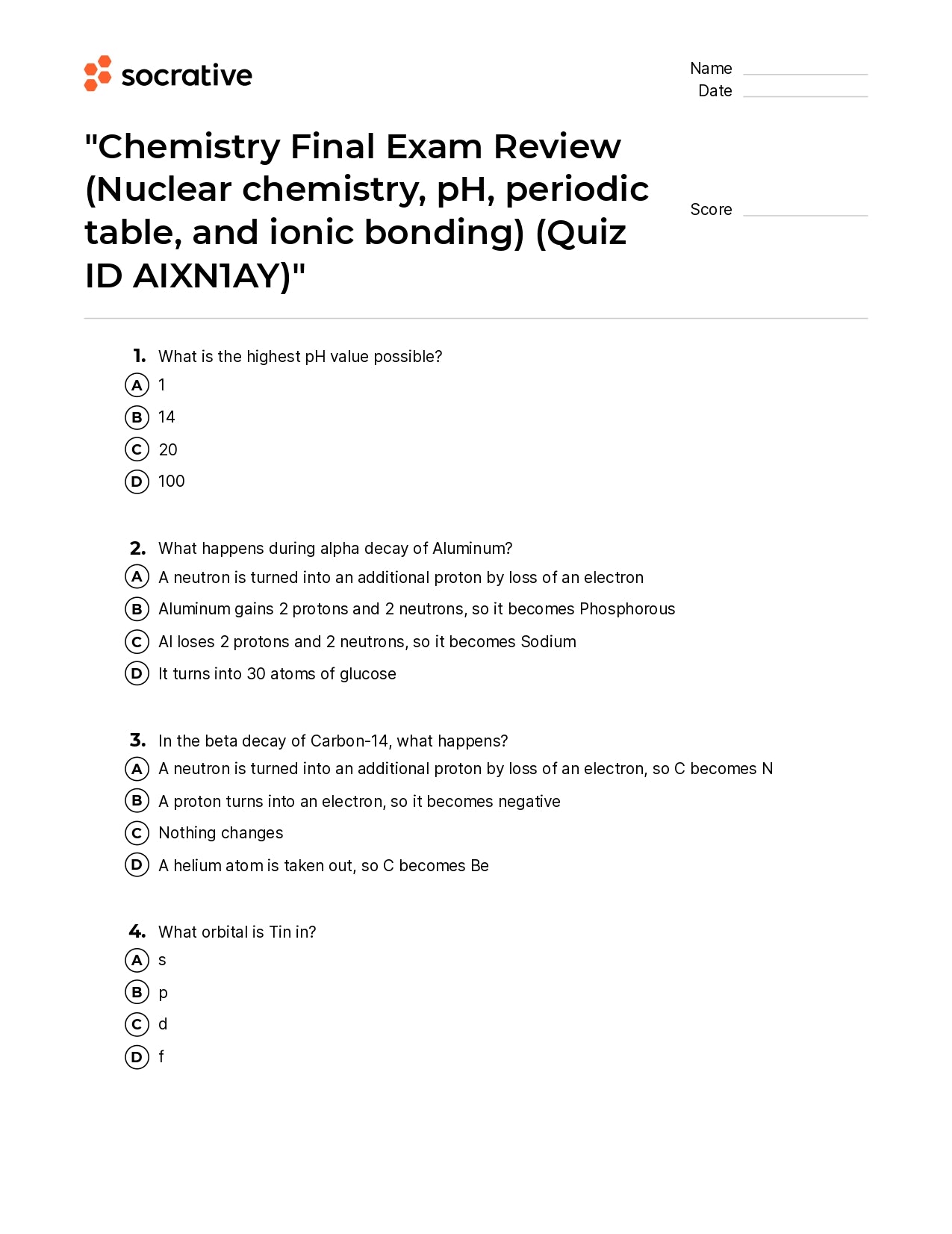 Chemistry Final Exam Review (Nuclear Chemistry Ph Periodic Table And Ionic Bonding)