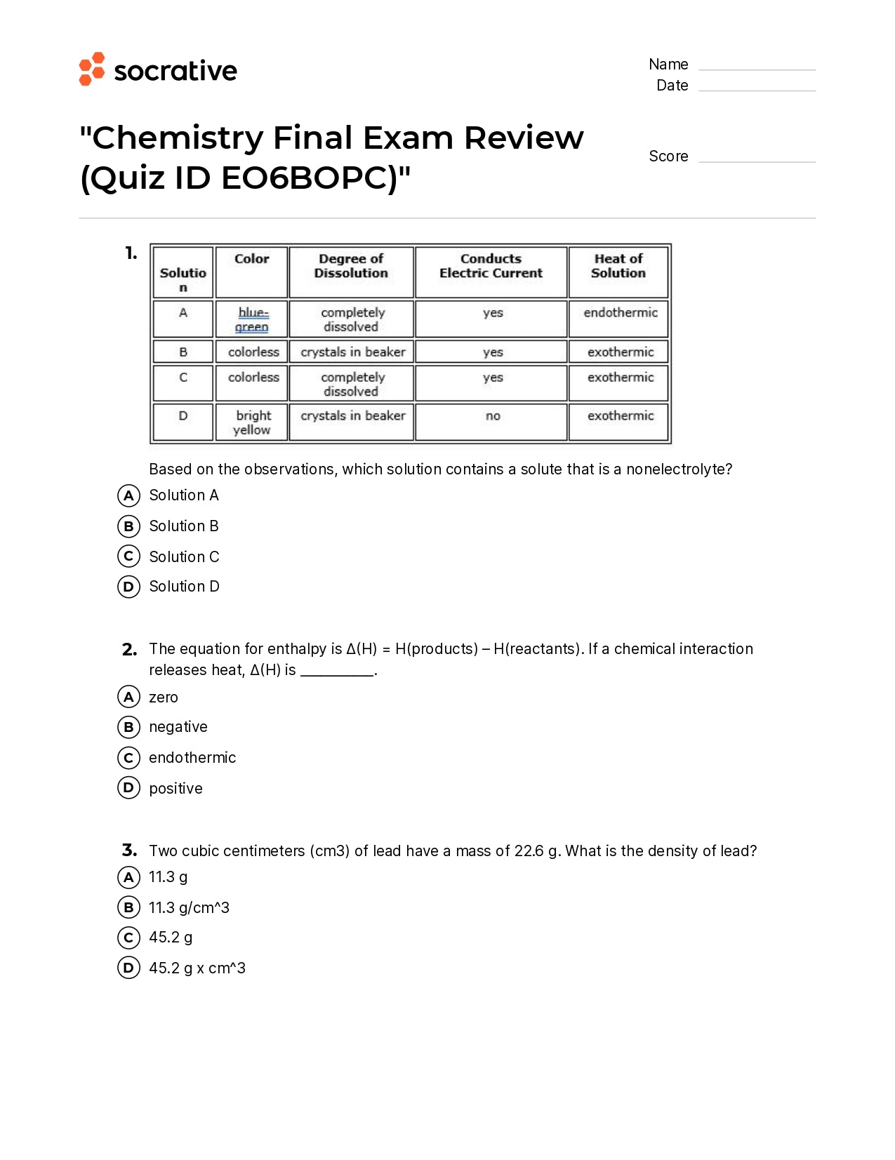 Chemistry Final Exam Review