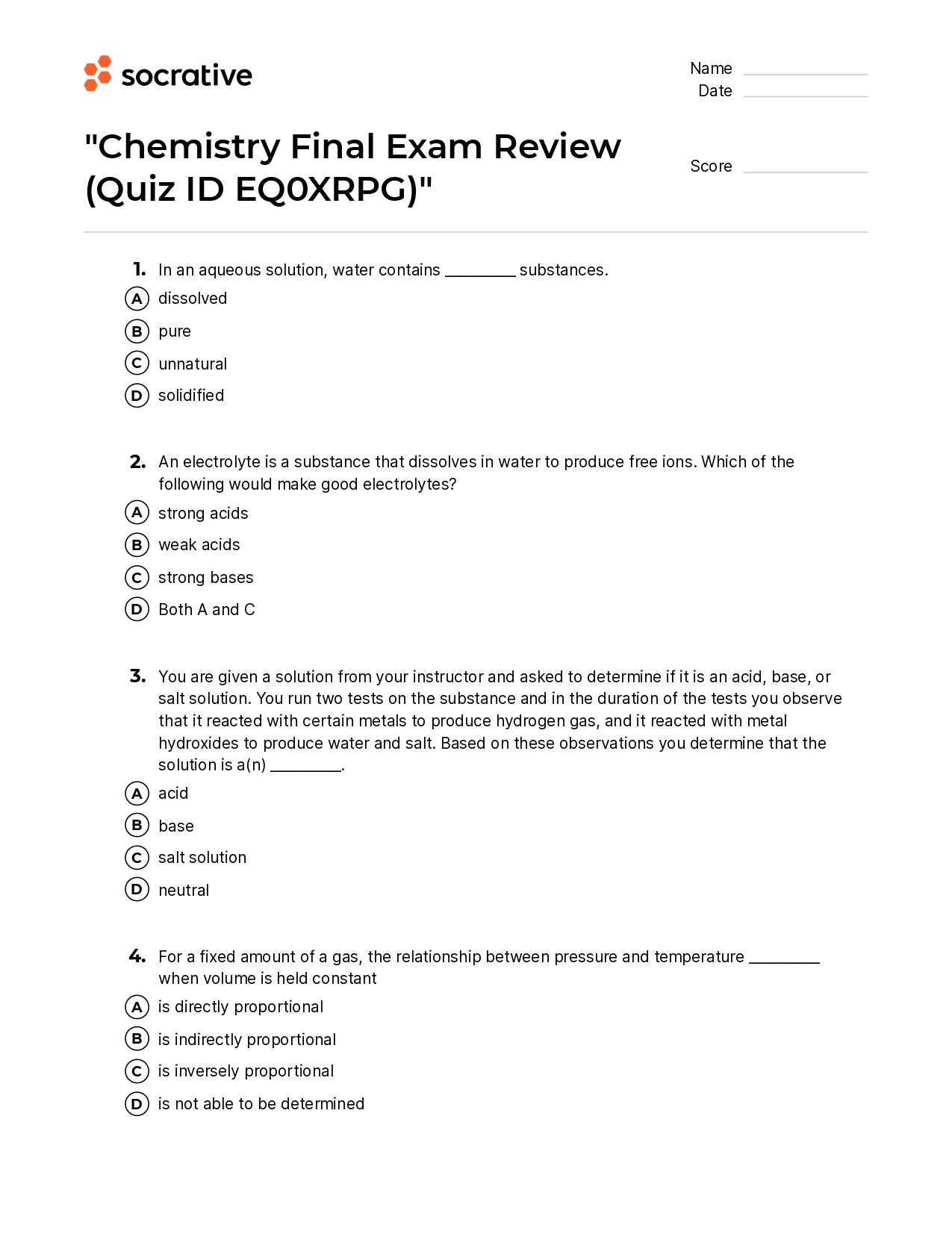 Chemistry Final Exam Review