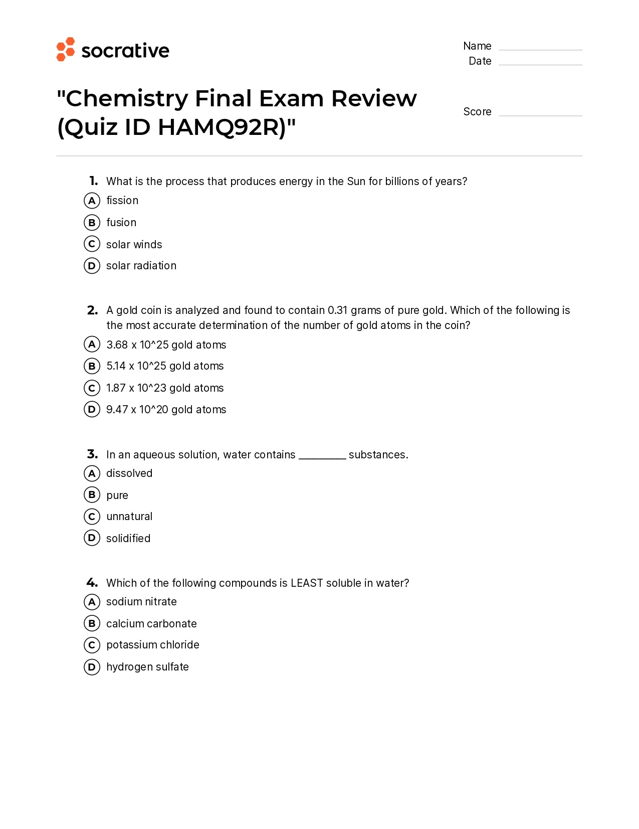 Chemistry Final Exam Review
