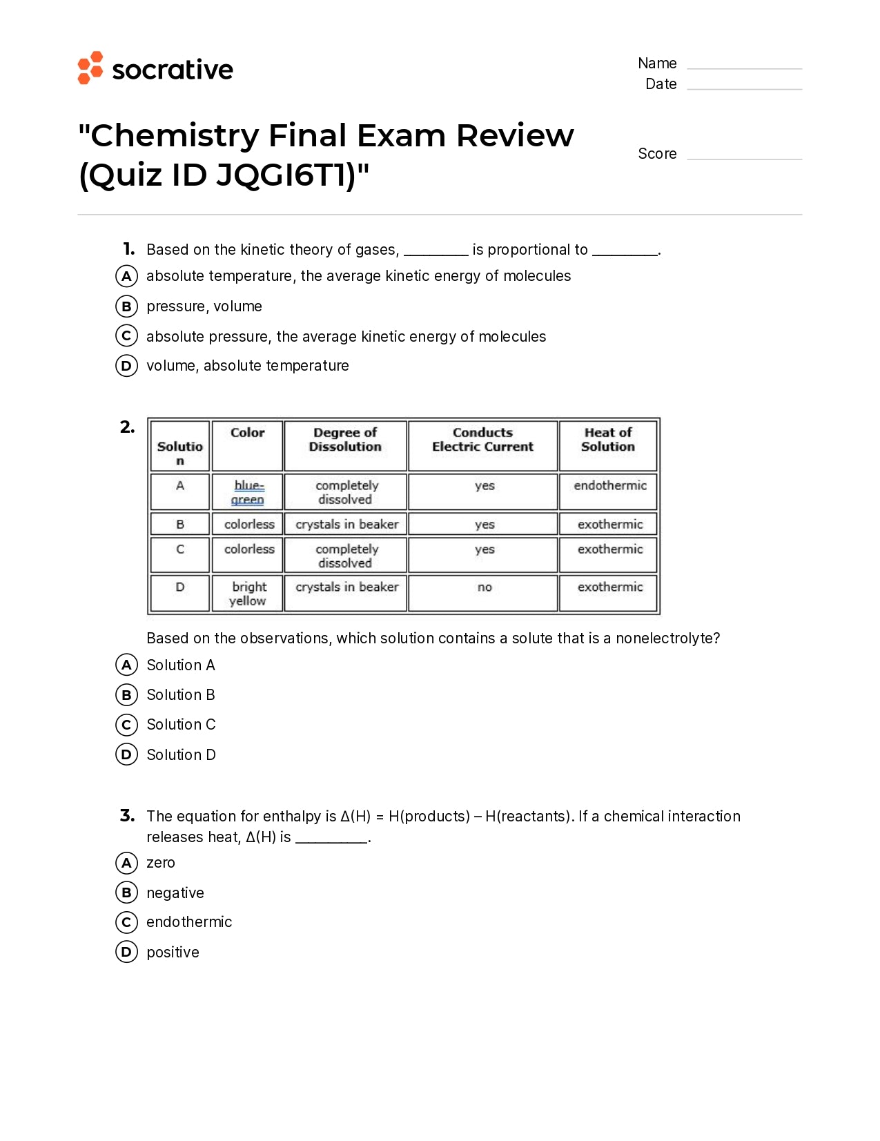 Chemistry Final Exam Review