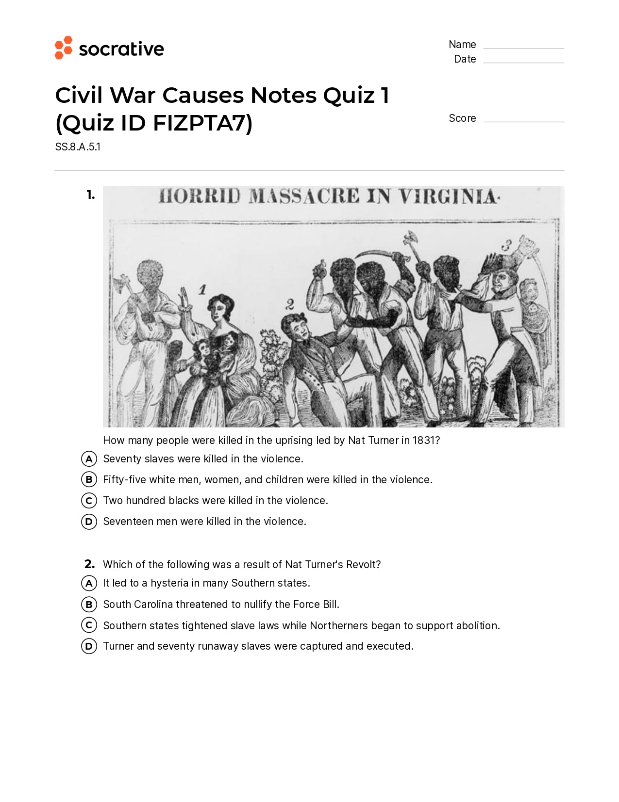 Civil War Causes Notes Quiz 1