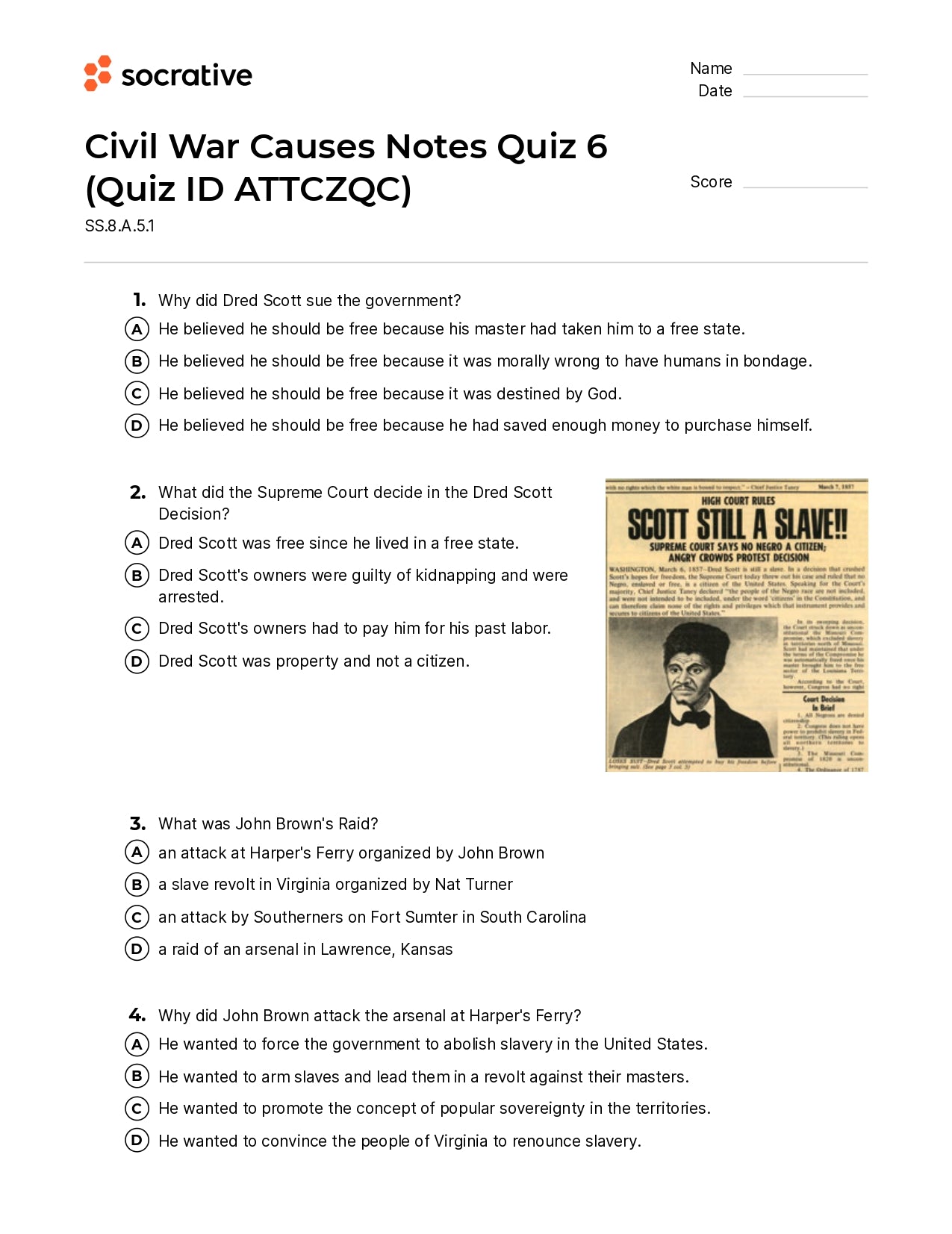 Civil War Causes Notes Quiz 6