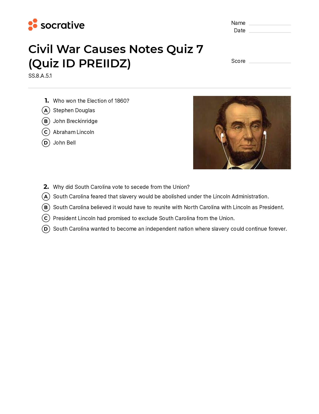 Civil War Causes Notes Quiz 7