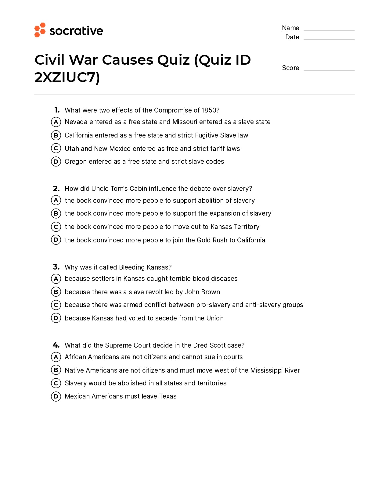 Civil War Causes Quiz