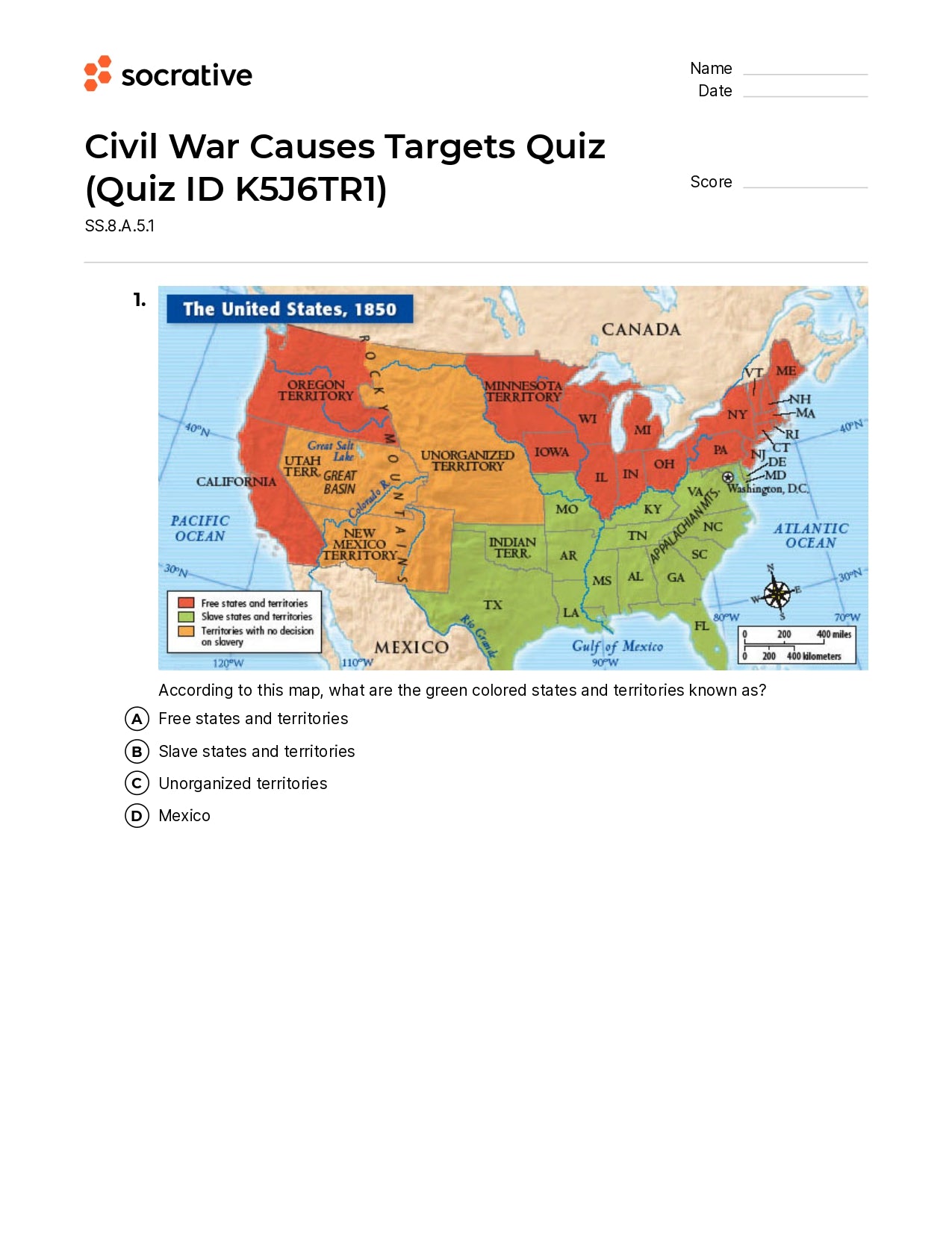 Civil War Causes Targets Quiz
