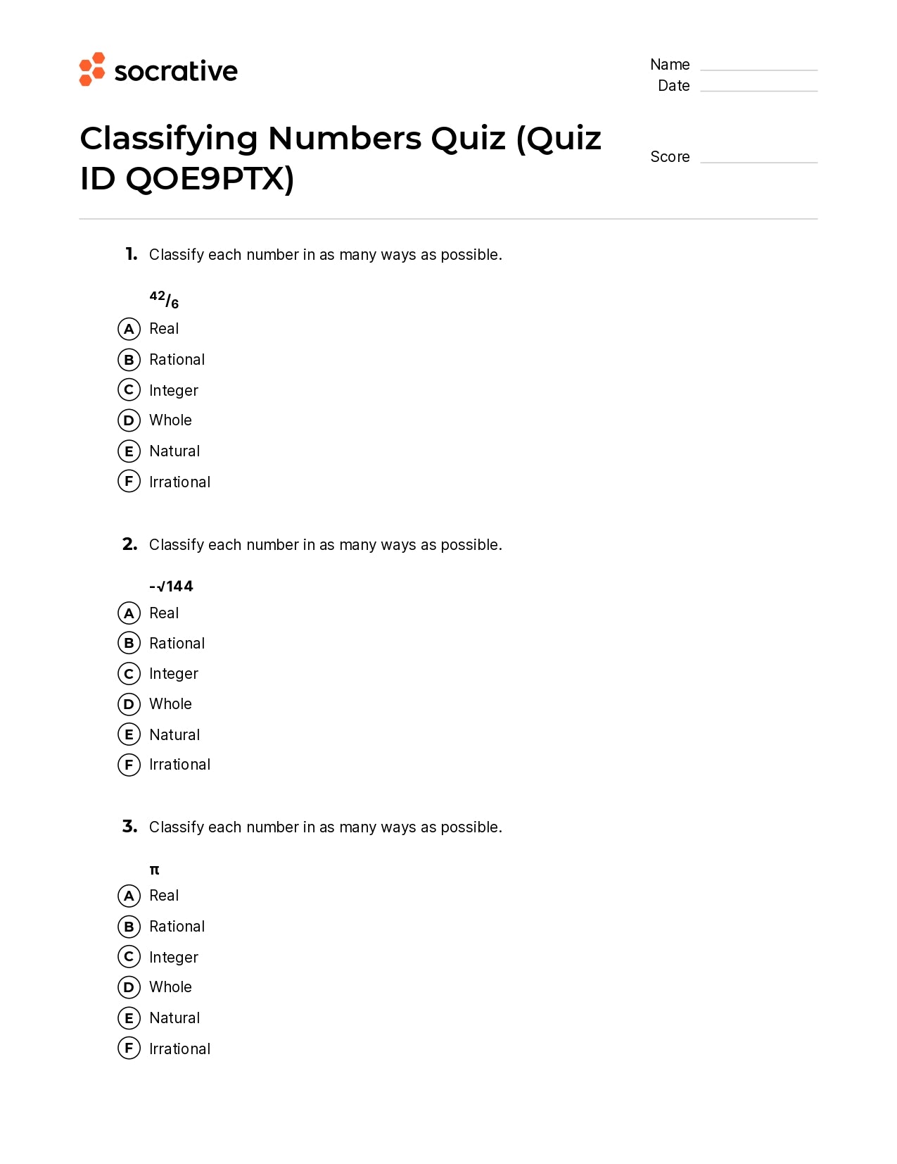 Classifying Numbers Quiz
