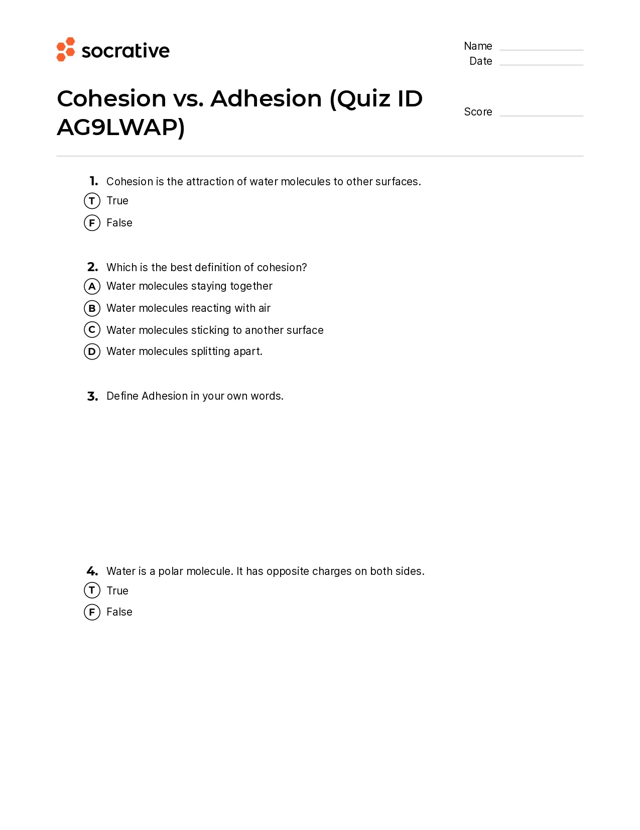 Cohesion Vs. Adhesion