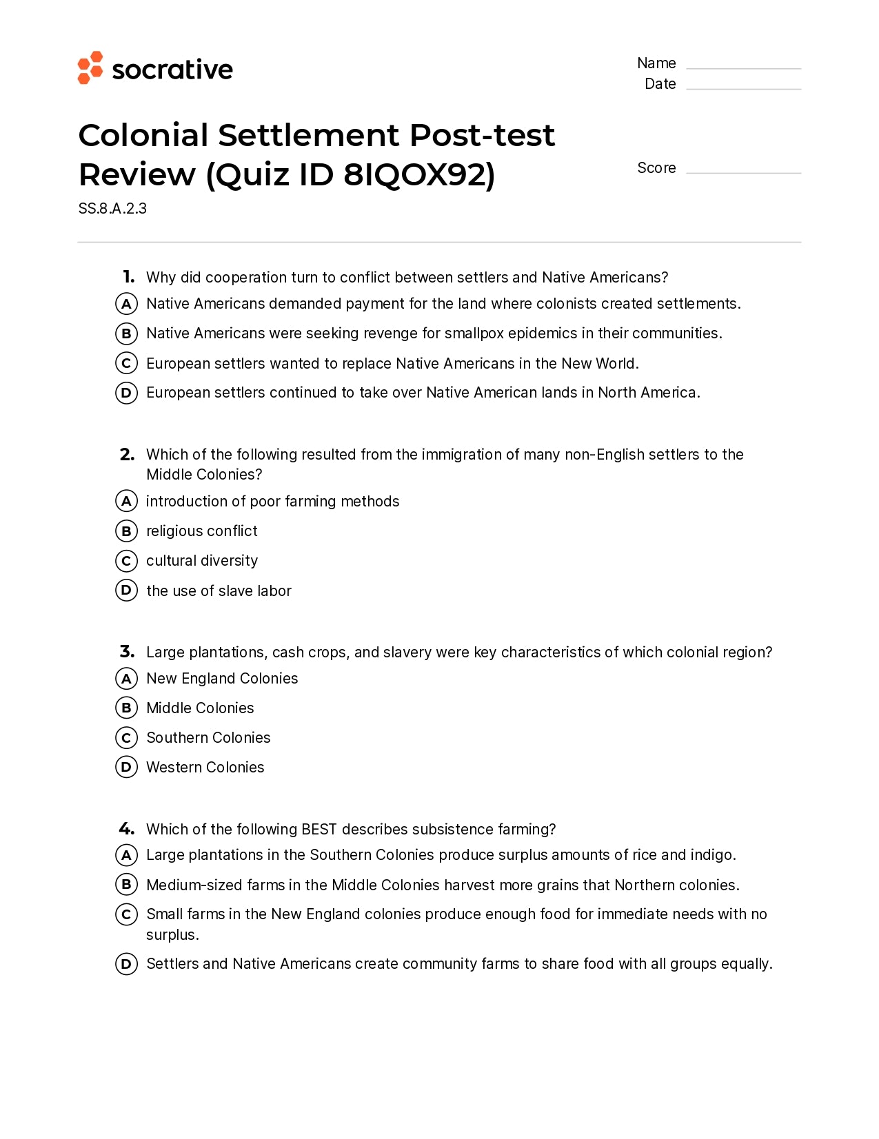 Colonial Settlement Post-Test Review