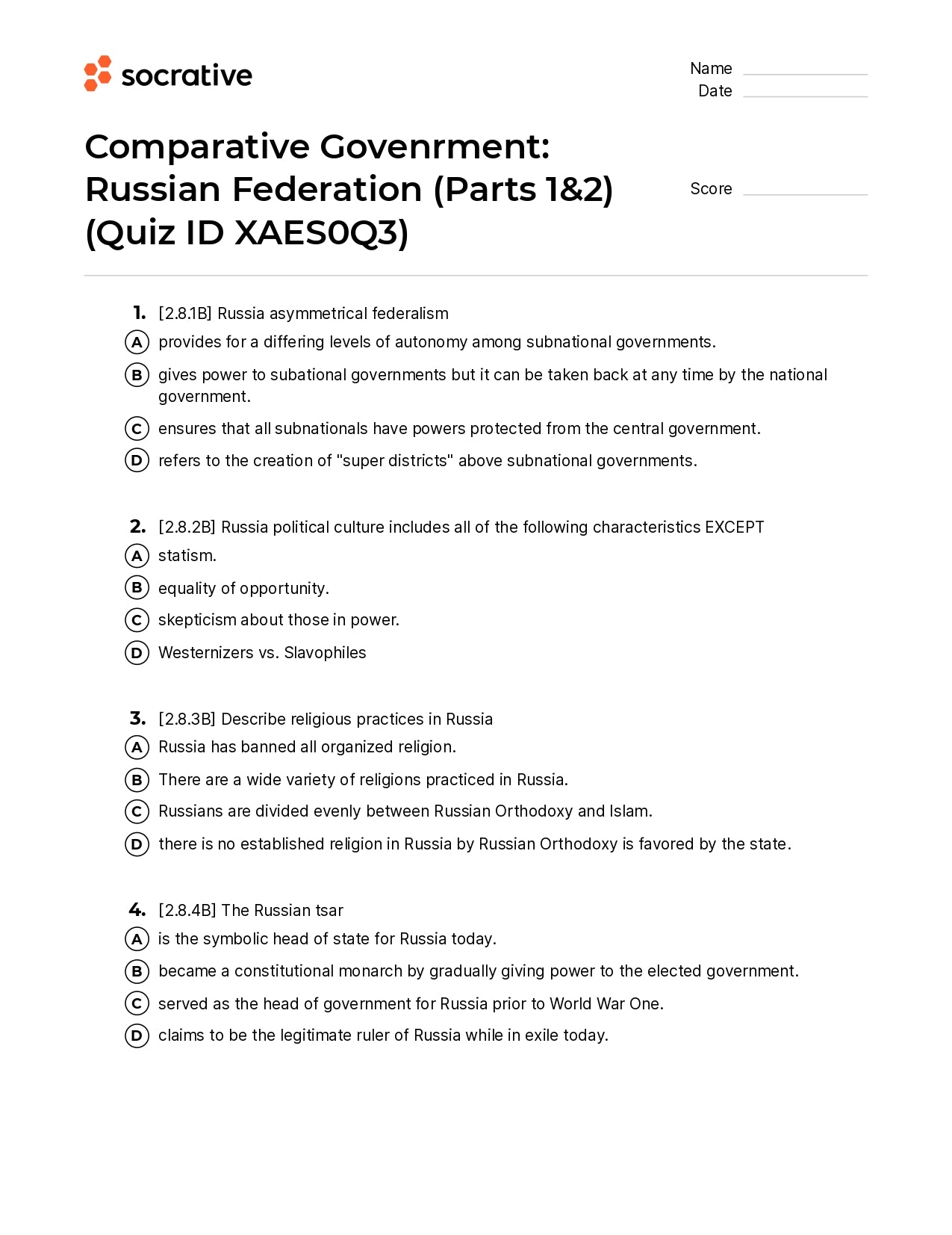 Comparative Govenrment Russian Federation (Parts 1&2)
