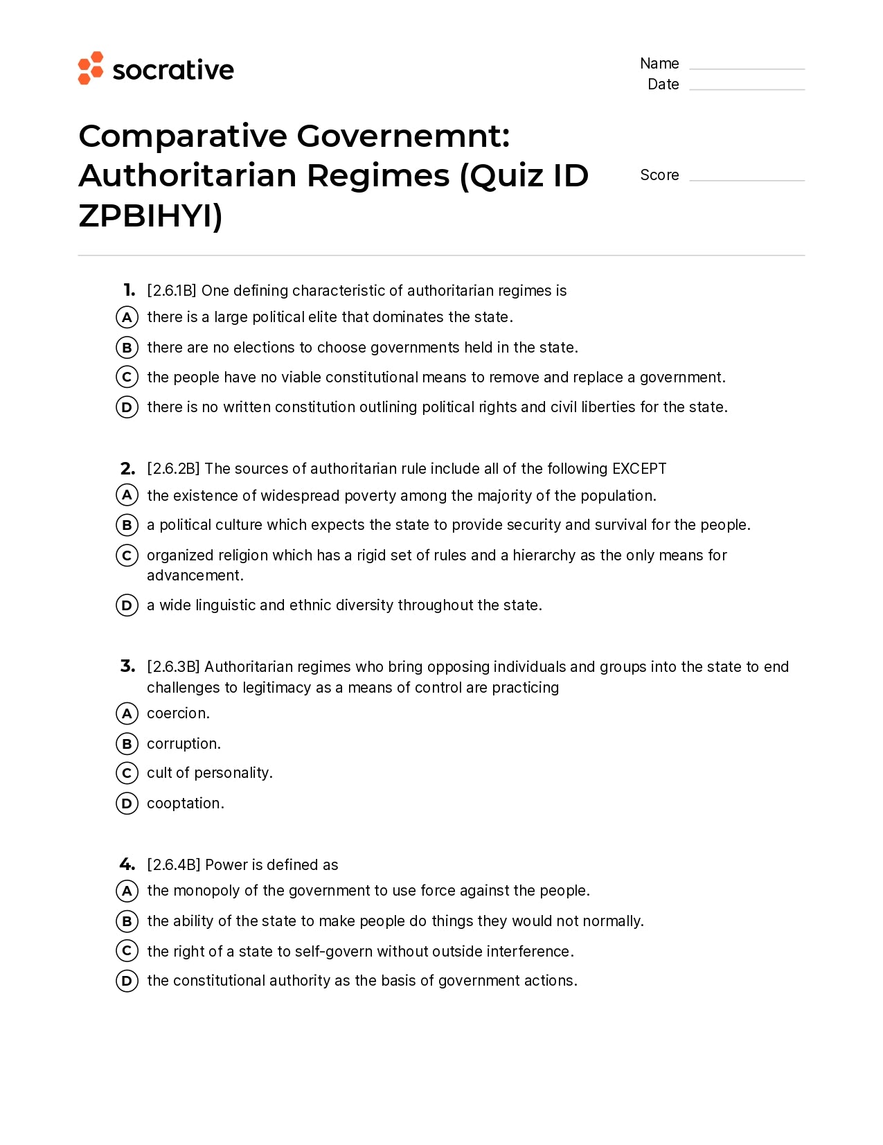 Comparative Governemnt Authoritarian Regimes