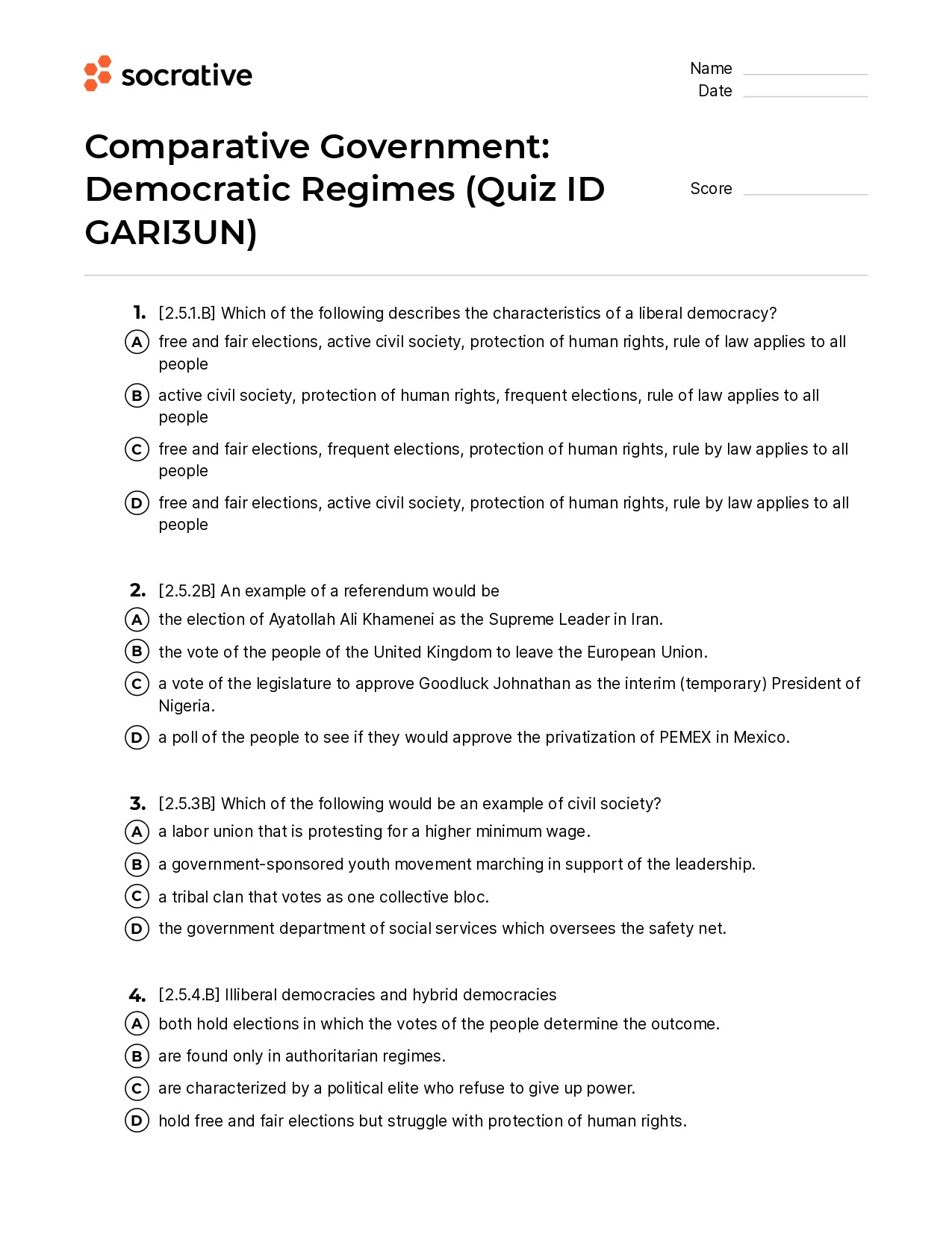 Comparative Government Democratic Regimes