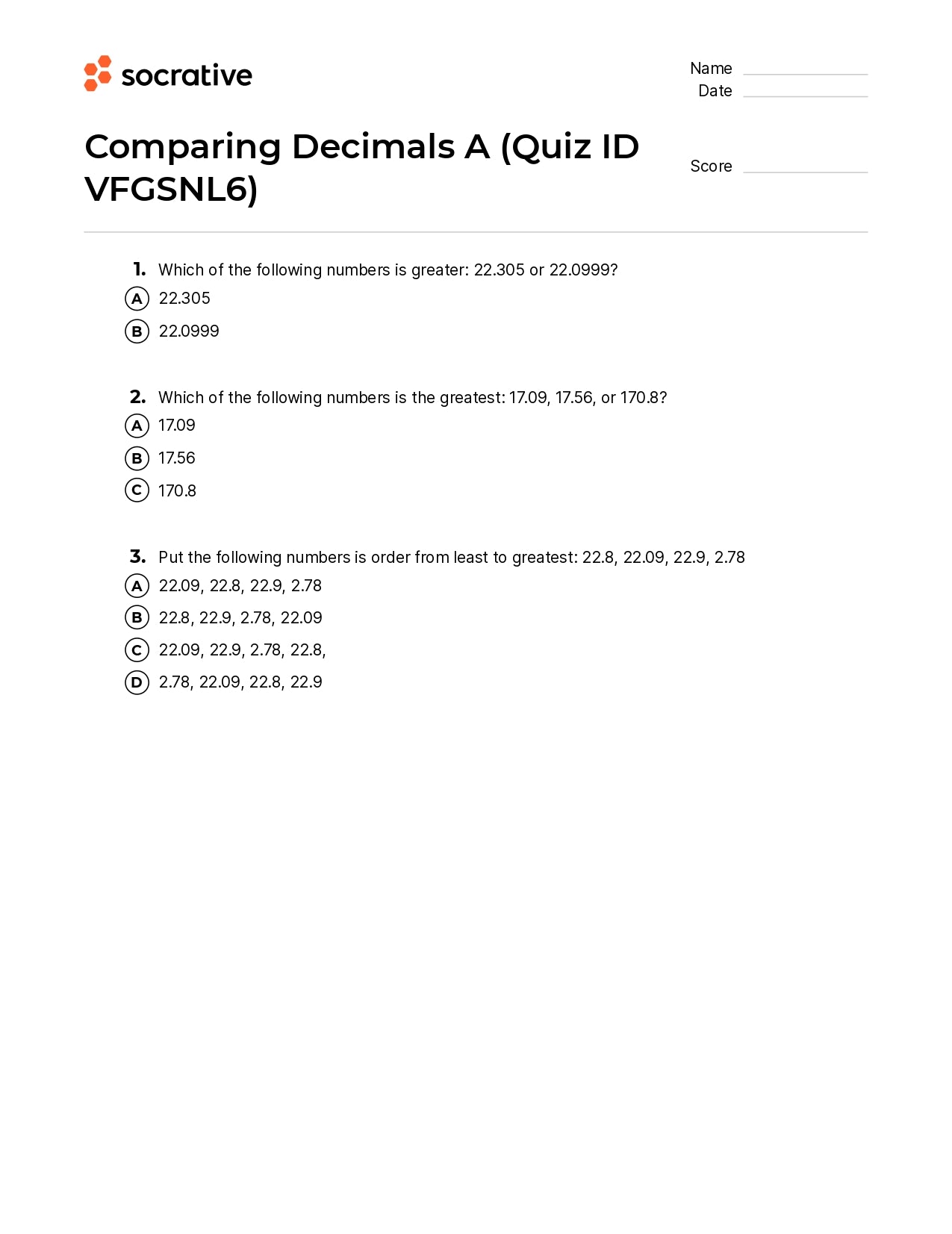 Comparing Decimals A