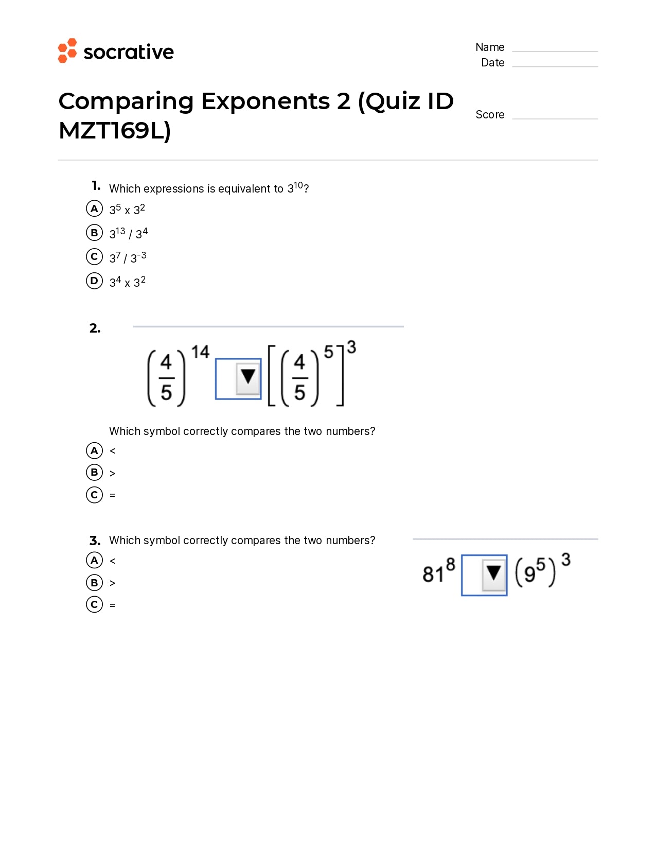 Comparing Exponents 2
