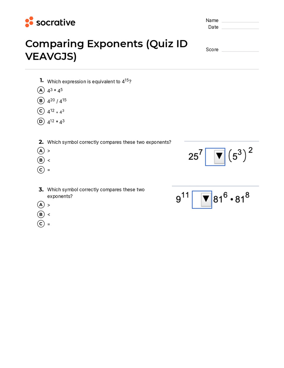 Comparing Exponents Questions Comparing Exponents – Quiz Shop