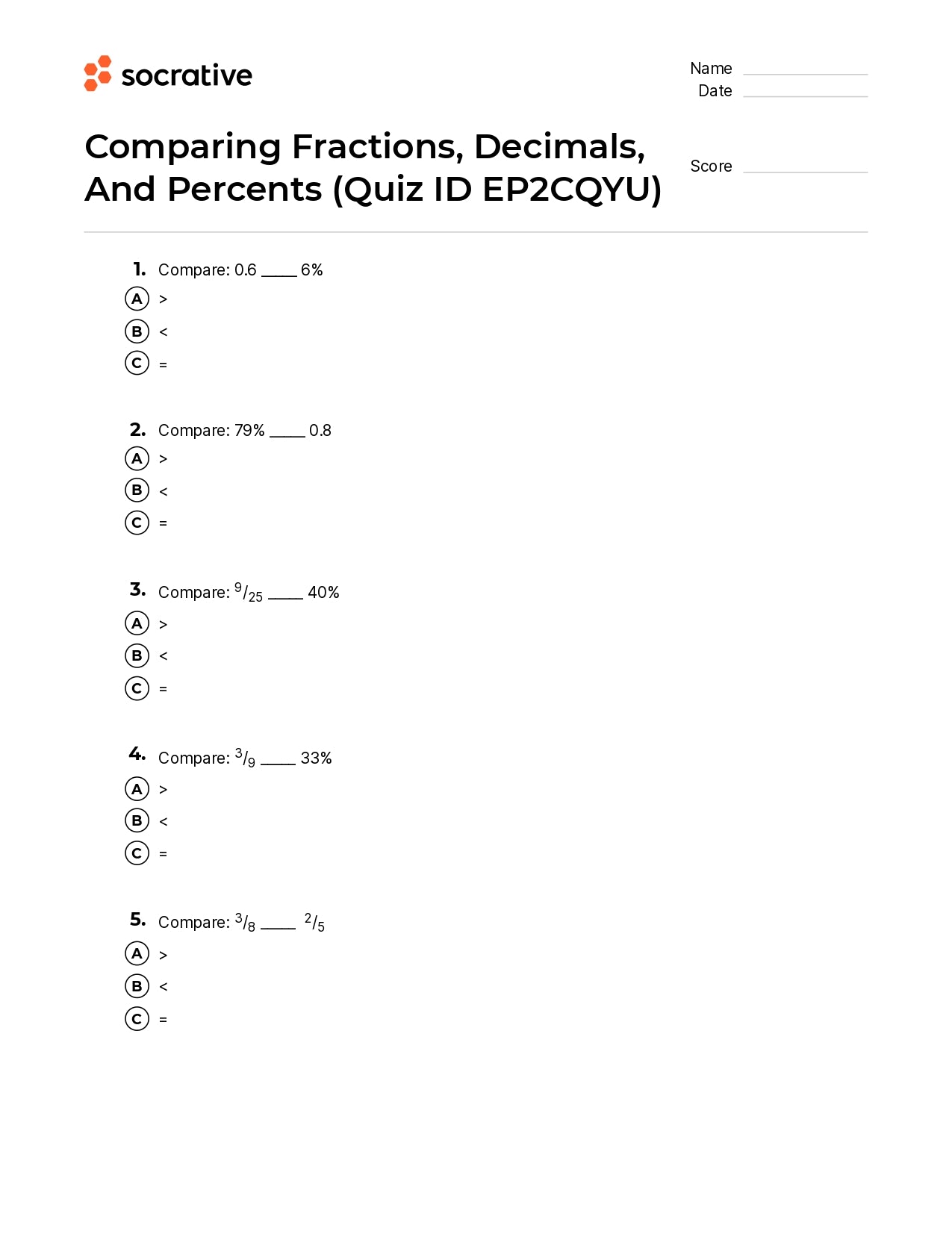 Comparing Fractions Decimals And Percents