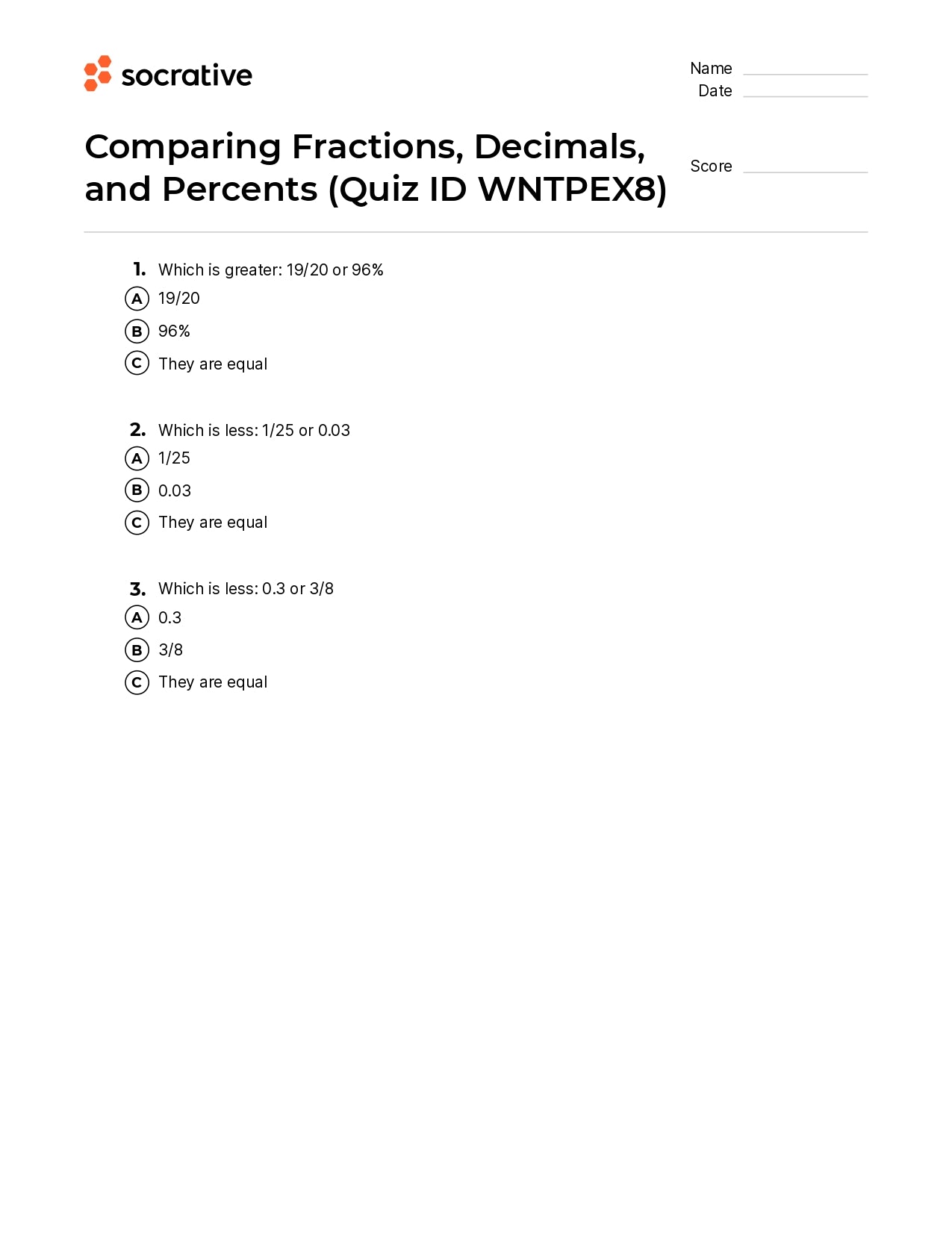 Comparing Fractions Decimals And Percents