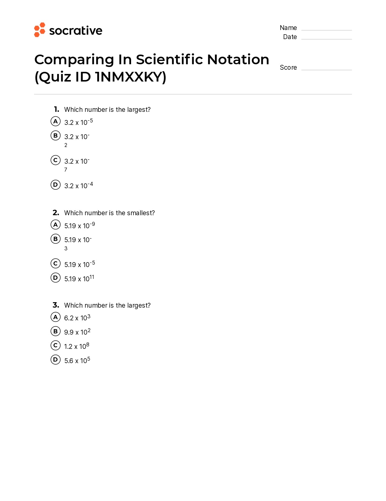 Comparing In Scientific Notation