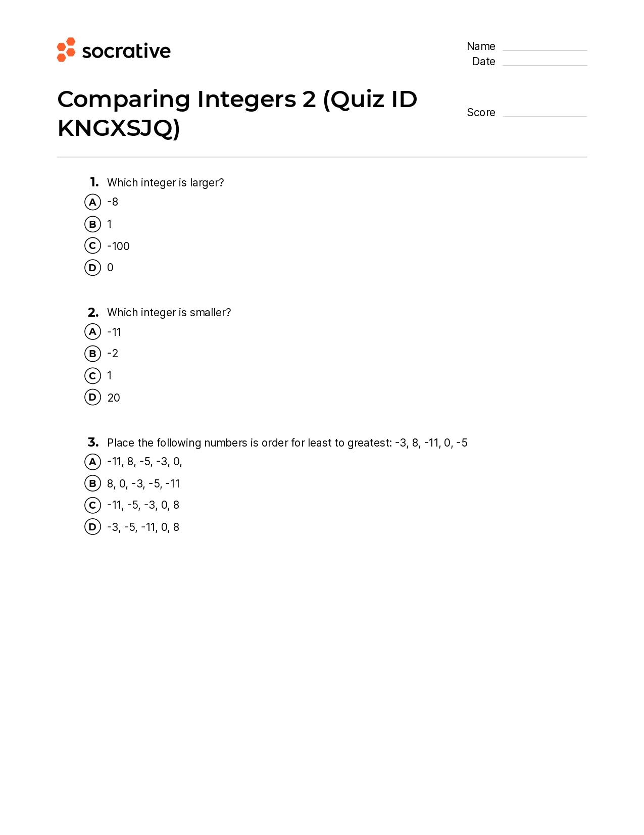 Comparing Integers 2