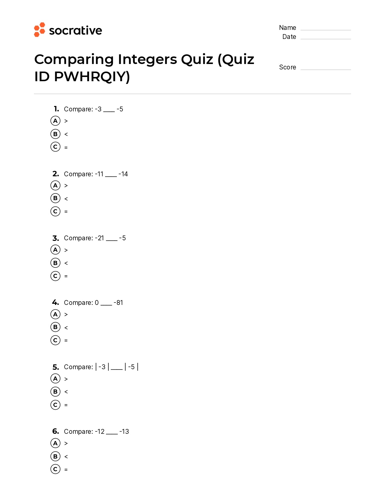 Comparing Integers Quiz