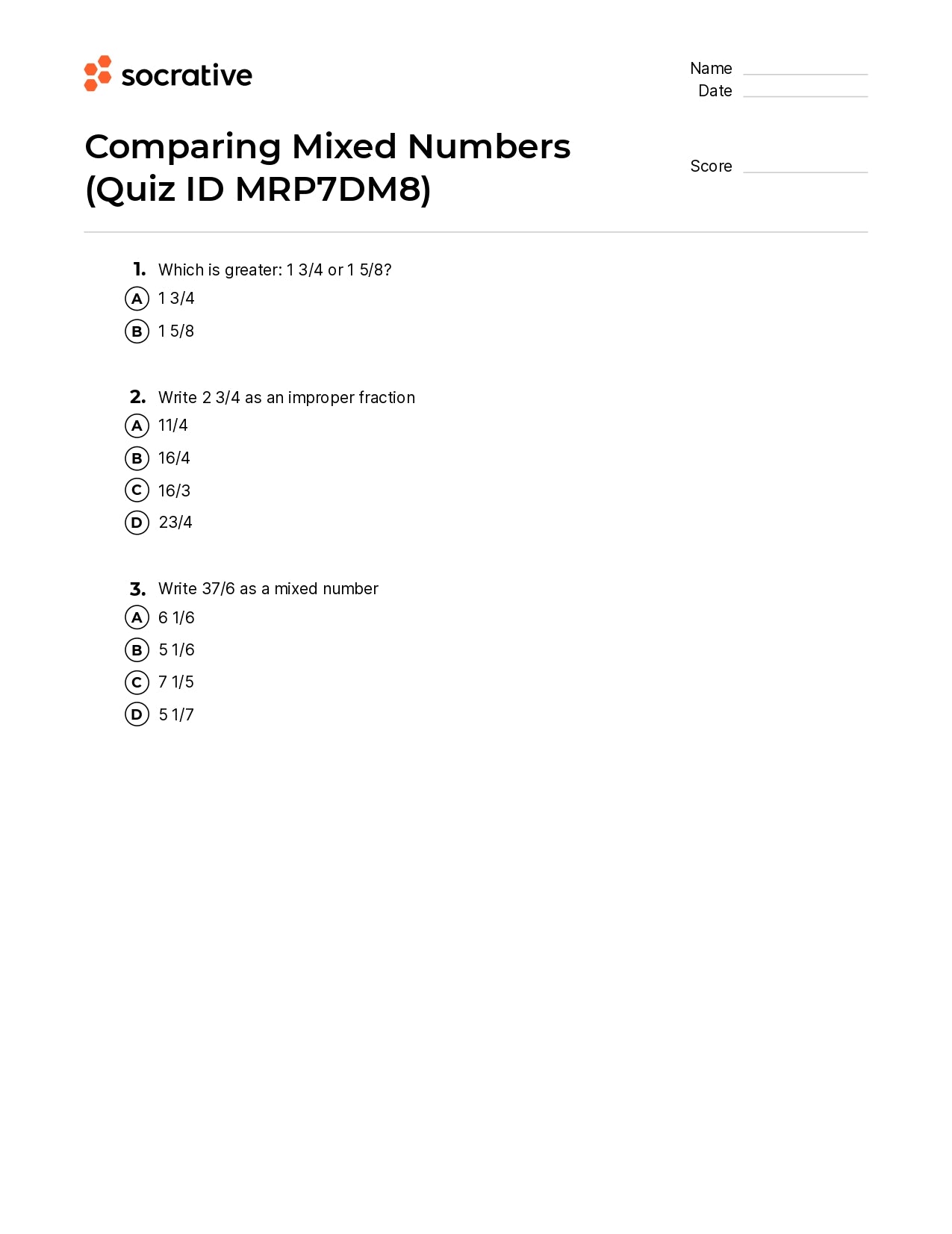Comparing Mixed Numbers