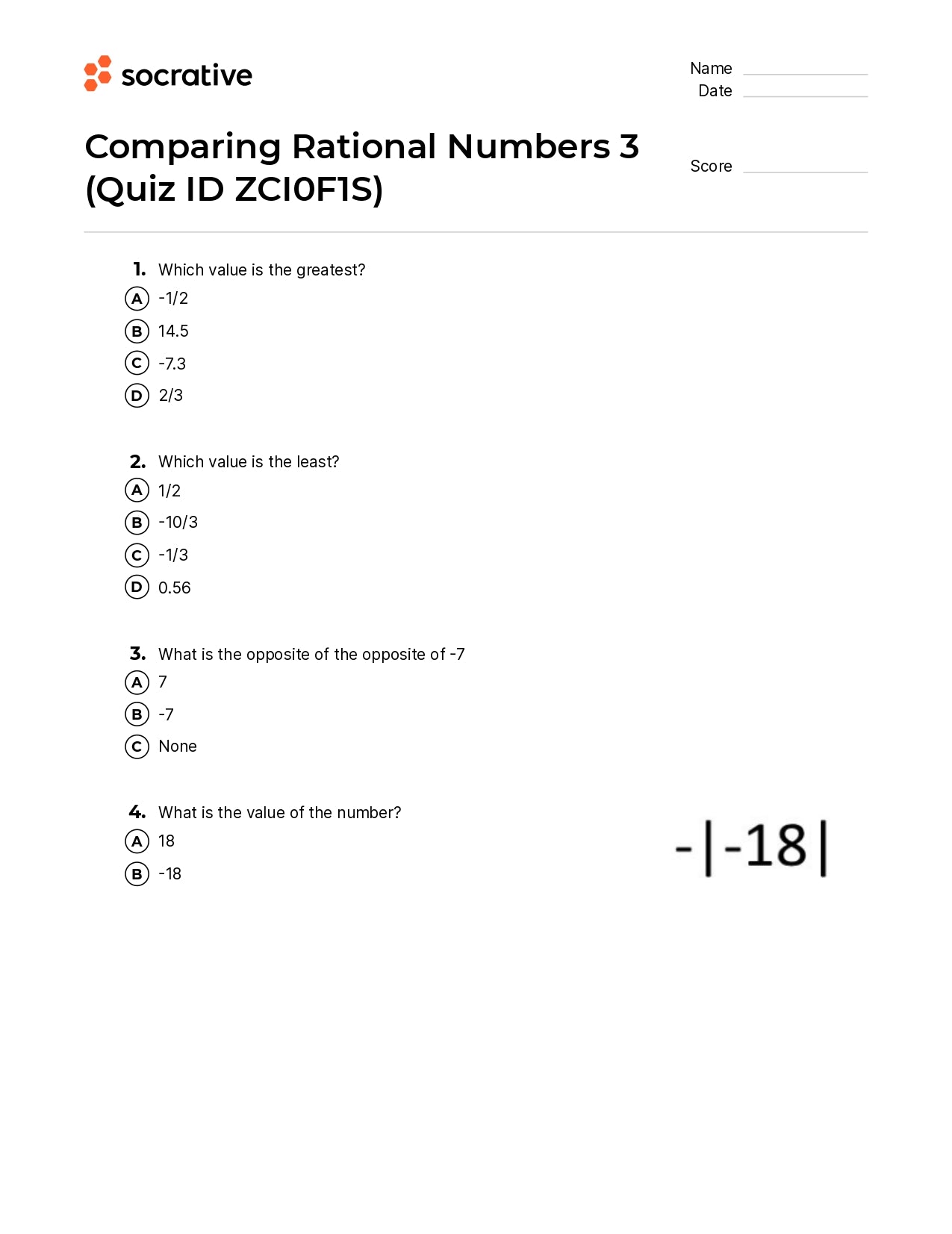 Comparing Rational Numbers 3