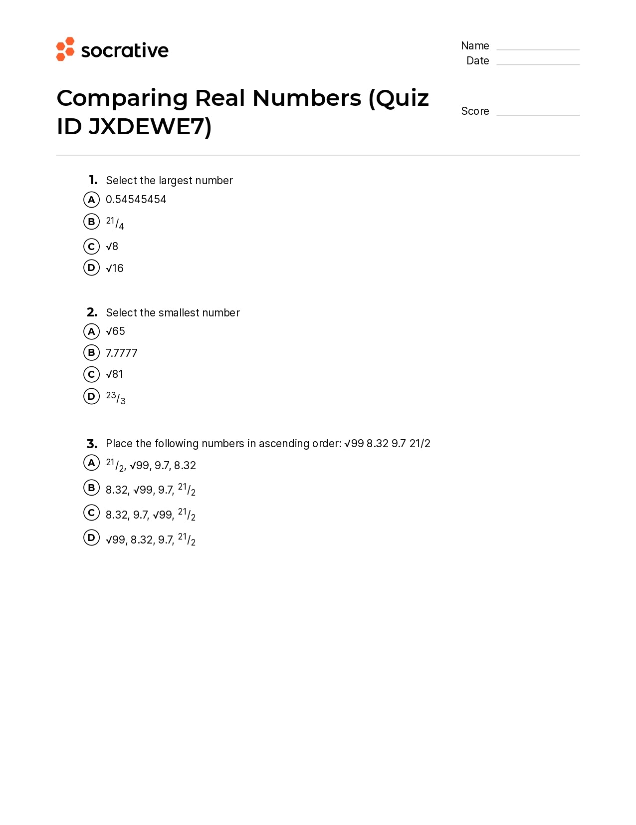 Comparing Real Numbers