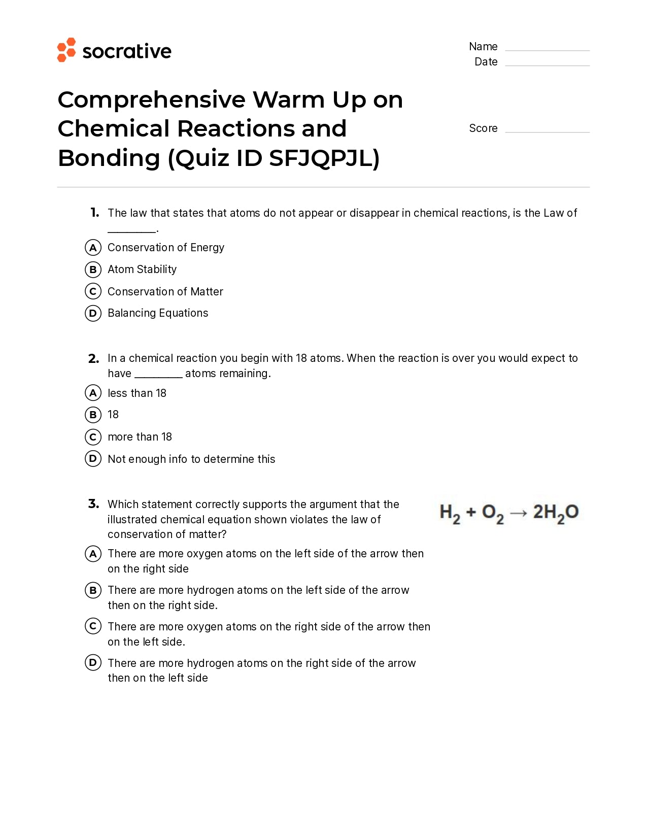 Comprehensive Warm Up On Chemical Reactions And Bonding