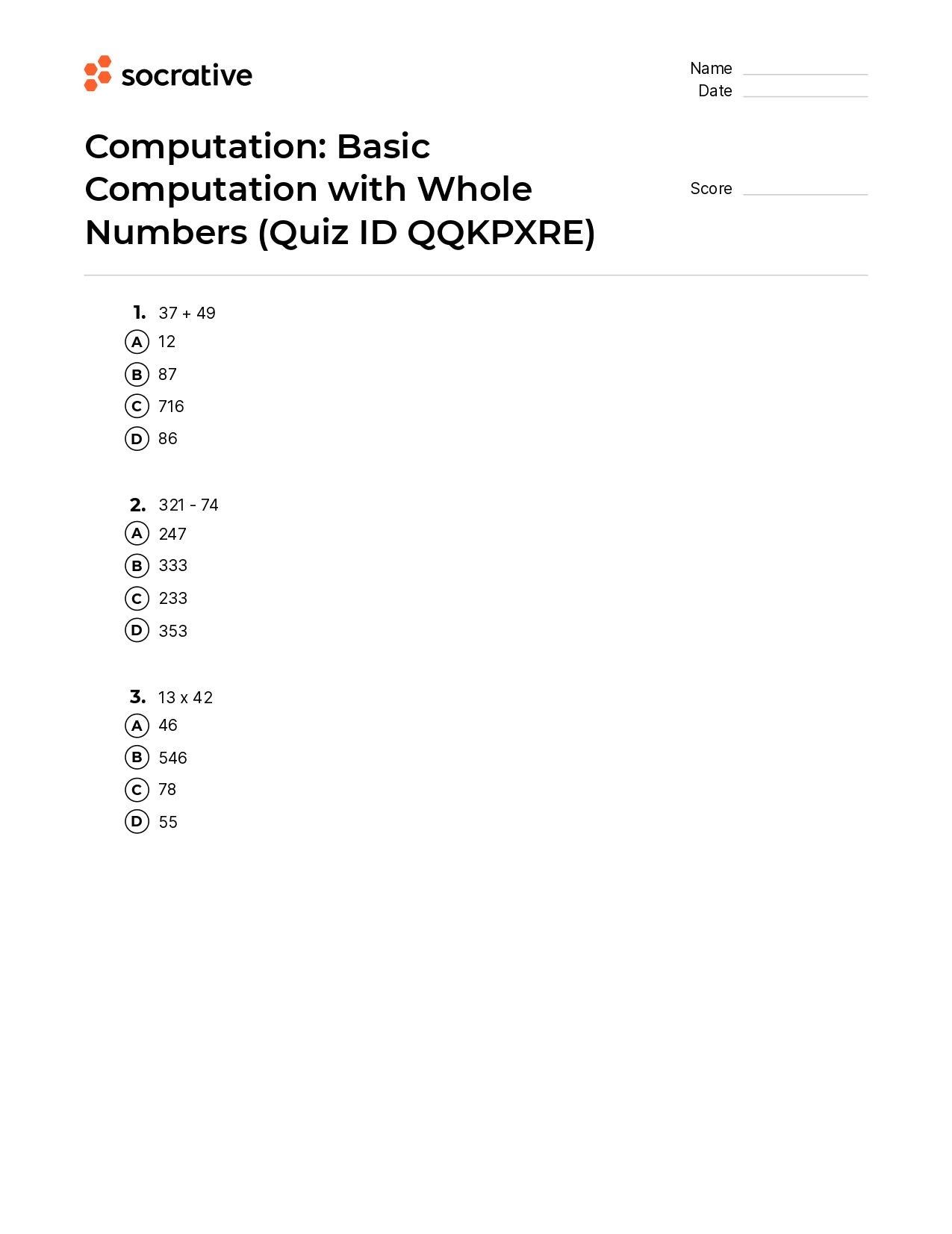 Computation Basic Computation With Whole Numbers